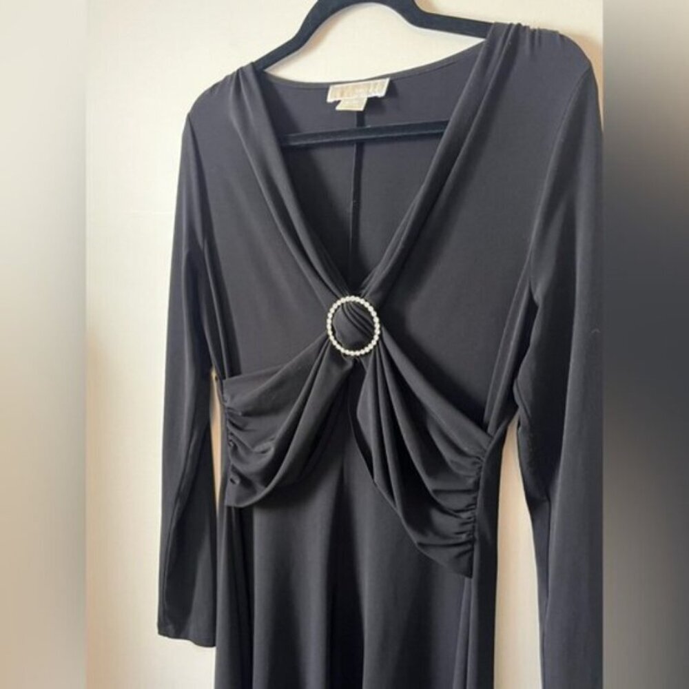 Michael Kors Black Long Sleeve Rhinestone Ring Midi Dress Y2K Glam Party LBD - Picture 3 of 6